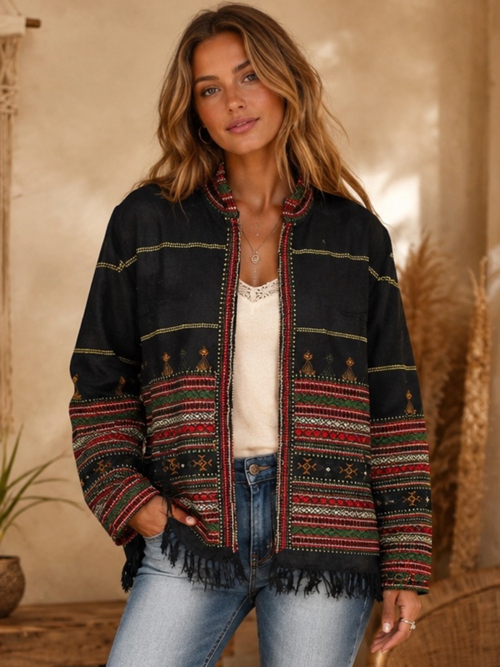 122 NWT Rhea Black Embroideted Jacket with Fringe Detail Size L/XL